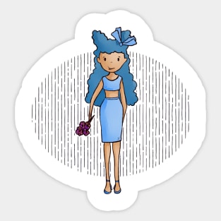 Cute blue haired girl with a blue outfit and holding a bunch of flowers in her hand Sticker